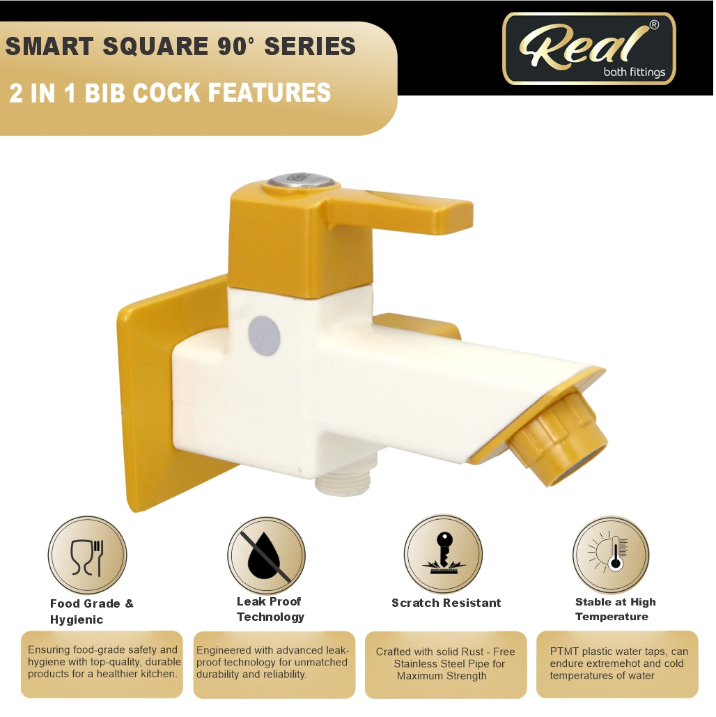 Real PTMT 2 IN 1 Bib Cok With Flange Tap with Flange Smart Square 90 Degree Angle