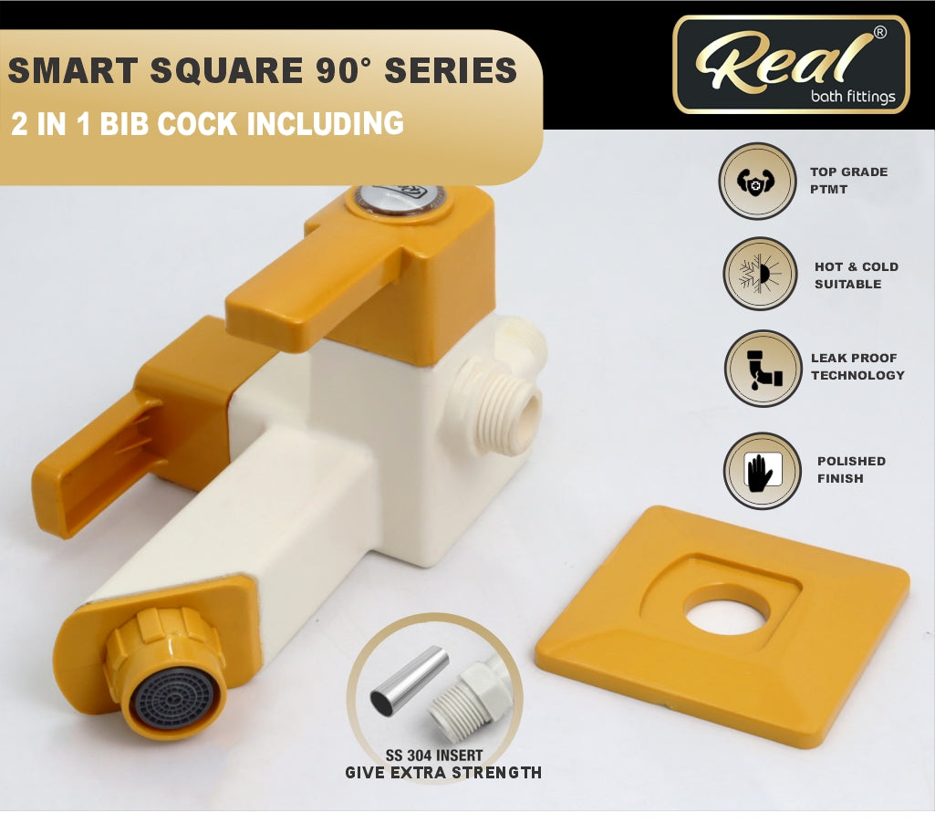 Real PTMT 2 IN 1 Bib Cok With Flange Tap with Flange Smart Square 90 Degree Angle