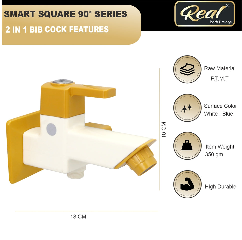 Real PTMT 2 IN 1 Bib Cok With Flange Tap with Flange Smart Square 90 Degree Angle