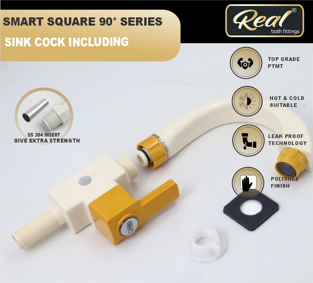 Real PTMT Single Lever Basin Mixer Tap with Flange Smart Square 90 Degree Angle